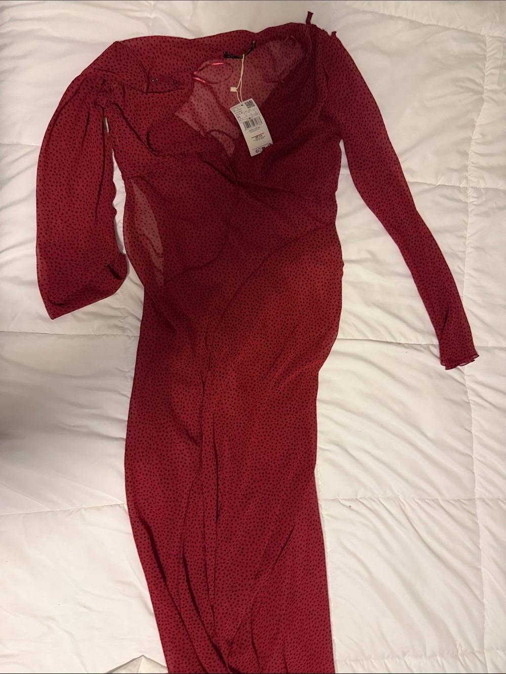 Mango Burgundy Long Sleeve Sheer Maxi Dress